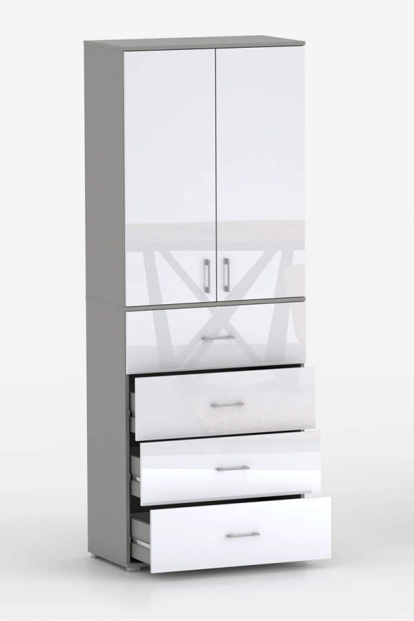 Szafa na ubrania z drążkiem Pola 215 - 4 szuflady 60 / 70 / 80 cm szara z  frontami w połysku